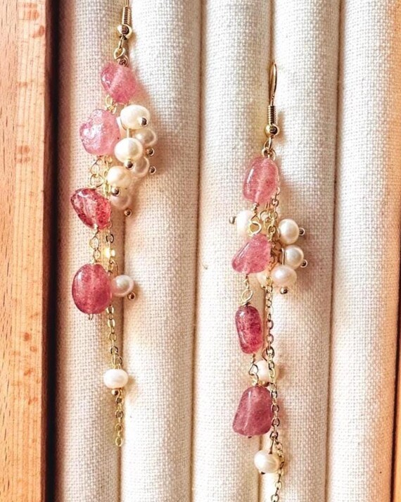 Real Freshwater Pearl and Soft Pink Gemstone Tassel Earrings Long Dangle Handmade Jewelry Christmas Gift for Her