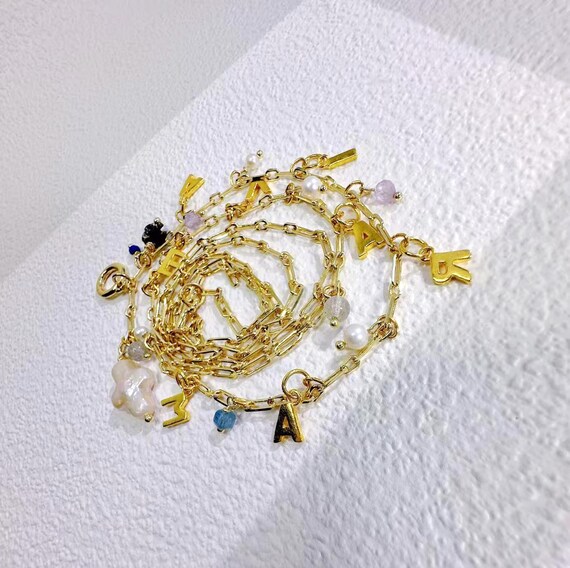 Custom Paperclip Chain Y Necklace 70 cm Toggle Clasp S925 Letter with Natural Gemstone Baroque Pearl Cross Pendant Faith Confirmation Gift