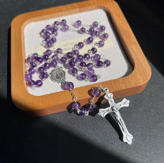 6 mm Amethyst Rosary Necklace – Catholic Christmas Gemstone Gift (Add Pouch – see description)