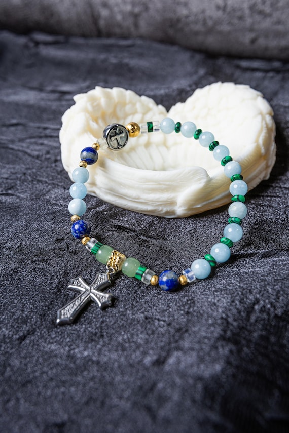 Aquamarine & Lapis Rosary Bracelet, Christmas Catholic Gift (Add Pouch – see description)