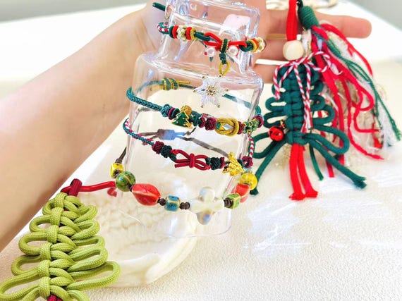 Christian Christmas Bracelet or Key Chain Gift Box • Handmade Woven Cord & Religious Ornaments