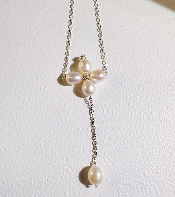 Freshwater Pearl Cross Y Necklace Silver Rice Pearls Wire Wrapped Dainty Catholic Jewelry Communion Confirmation or Christmas Gift for Her