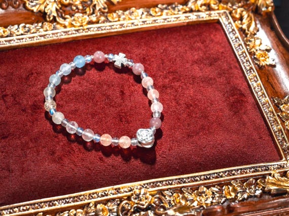 Ombre Gemstone and Blue Moonstone Rosary Bracelet, Catholic Christmas Gift (Add Pouch – see description)
