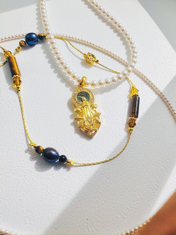 Guadalupe Virgin Mary Necklace Set Pearl Layered Necklace Magnetic Clasp Pendant Long Natural Gemstone Chain Catholic Christmas Gift for Her
