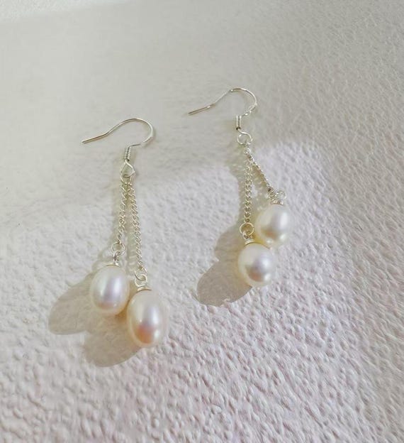 Real Freshwater Pearl Tassel Earrings 9 mm Double White Pearls Elegant Dangle Drop Bridal Wedding Jewelry Bridesmaid Christmas Gift for Her