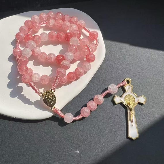 Pink Ice-Crack Crystal Rosary with Silver Crucifix, Christmas or First Communion Gift (Add Pouch – see description)