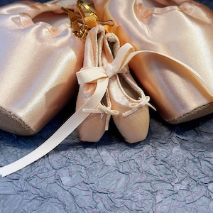 Peut inclure: Une paire de chaussons de danse de ballet roses en satin, avec des semelles en cuir. Ils sont attachés avec des rubans crème et sont à côté d'un sac en satin assorti. Un porte-clés doré est attaché aux chaussures.
