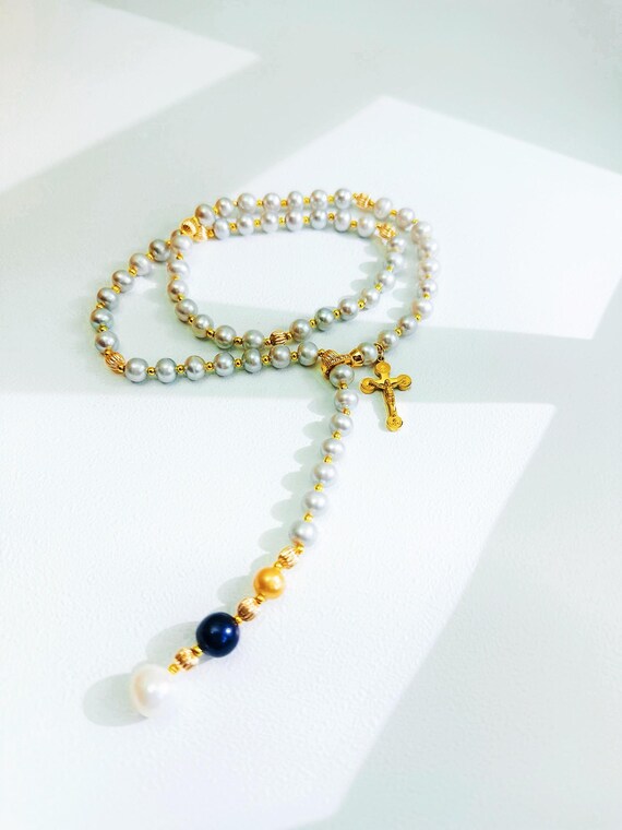 Muti-wear Long Pearl Necklace with Real Grey & Golden Pearls, Cross Charm, Harvest Thanksgiving Jewelry Gift for Her, Outfit Go-to piece