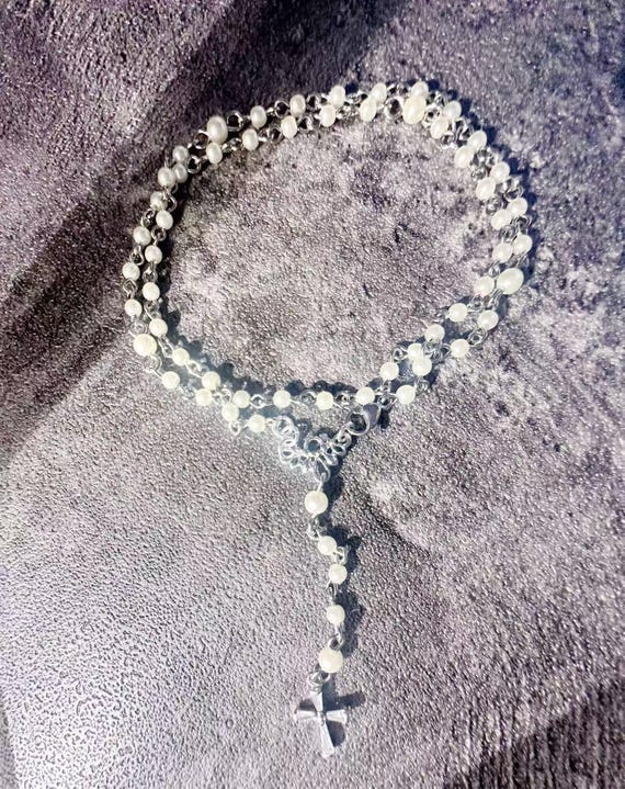 Kiwa Pearl-Style Rosary Necklace, Catholic Christmas Gift (Add Pouch – see description)