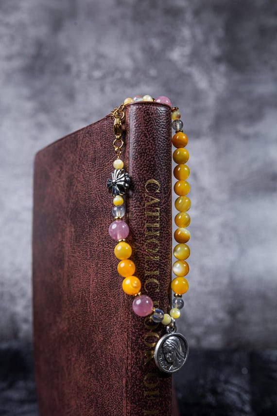 Golden Shell Pearl Rosary Bracelet with Shell Rose and Pink-Purple Accents, Christmas or Baptism Gift