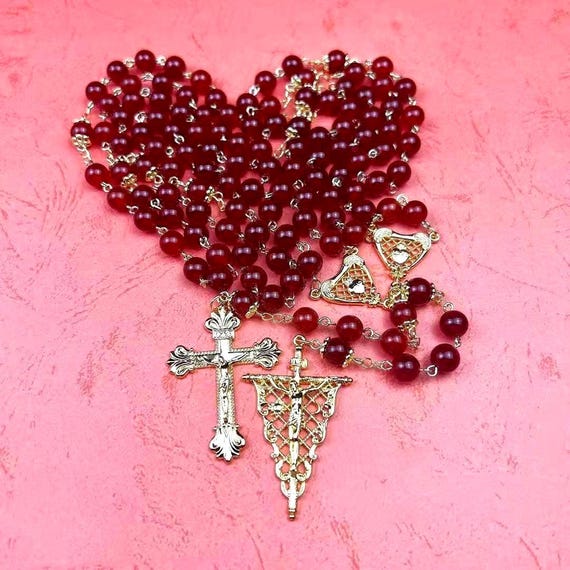 8mm Natural Red Agate Rosary Set with Mary’s Heart and Joseph’s Flame, Christmas Gift for Couples (Add Pouch – see description)
