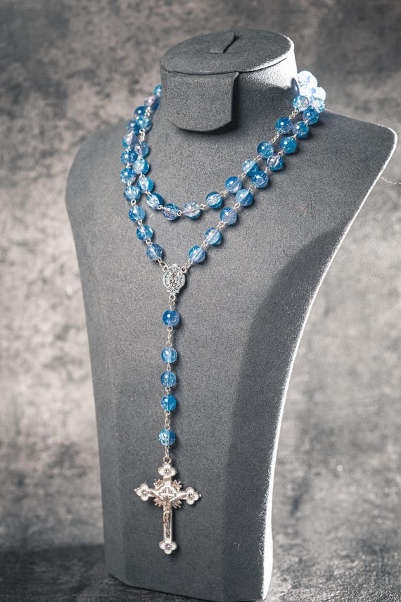 8 mm Blue-Purple Cracked Glass Rosary Necklace with Marian Medal, Christmas Catholic Gift (Add Pouch – see description)