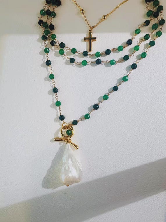 Multi Wear Baroque Pearl Necklace Set Green Hand Wrapped Beaded Chain Long Layered Necklace or Waist Chain with Gold Cross Handmade Jewelry
