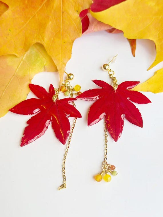 Real Maple Leaf Earrings with Multi-Color Agate Tassel, Natural Gemstone Dangle Earrings, Holiday Gift Handmade in Canada
