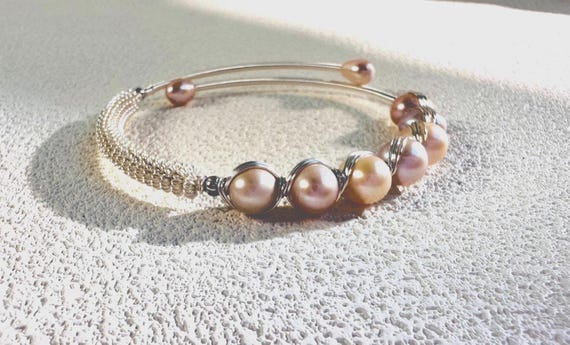 Multi Color Freshwater Pearl Bangle Bracelet Wire Wrapped Natural Pearl Jewelry for Christmas or Communion Gift