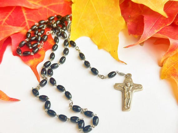 Nun-Made Black Glass Rosary with Fatima Holy Soil Center (Add Pouch – see description)