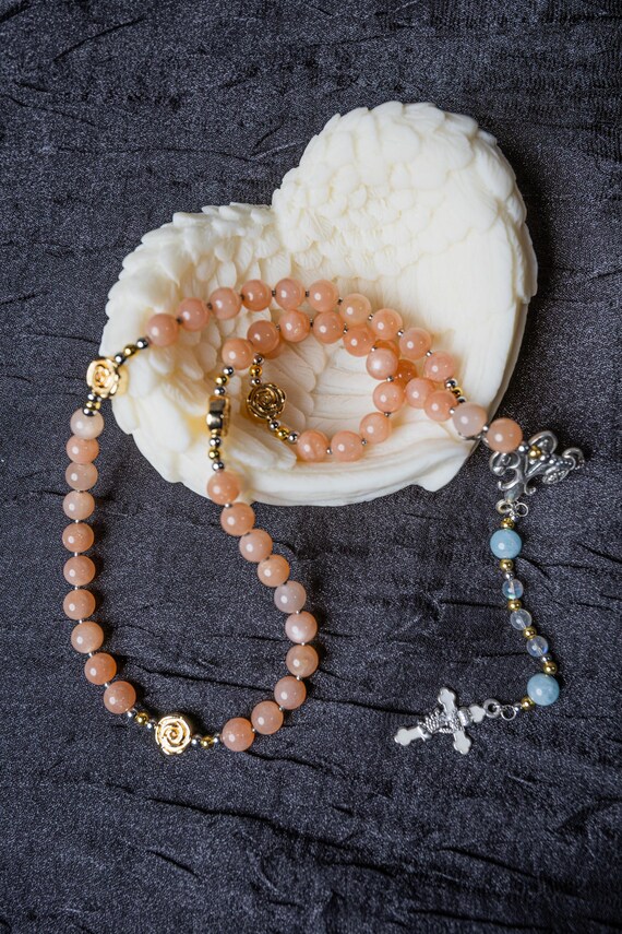 Sunset Orange Gemstone Rosary Necklace with Aquamarine, Catholic Christmas Gift (Add Pouch – see description)