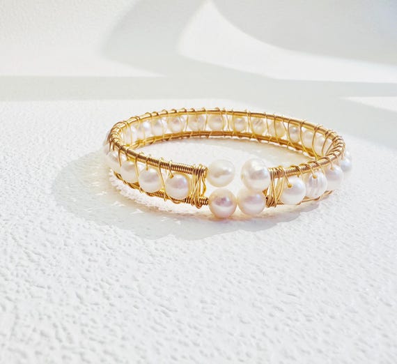 Real Freshwater Pearl Row Bracelet 14K Gold Plated Bangle Elegant Minimalist Jewelry Gift for Women Stacking Bracelet Bridesmaid Gift