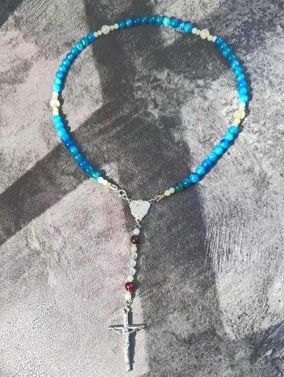 Marian Blue Gemstone Rosary Necklace with Sterling Silver Cross and Holy Family Medal, Catholic Christmas Gift (Add Pouch – see description)