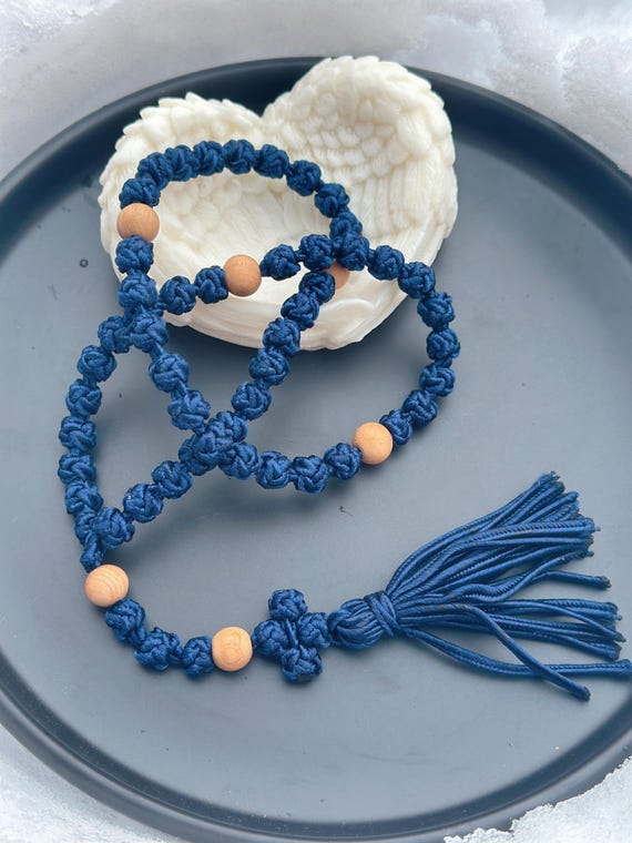 Marian Blue Hand-Knotted Cord Rosary • Wood Beads Tassel Rosary • Christmas & Daily Prayer Gift (Add Pouch – see description)