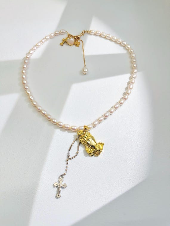 Pearl Choker with Praying Hand and Mini Crucifix Drop Handmade Catholic Jewelry Religious Necklace Christmas Gift for Women