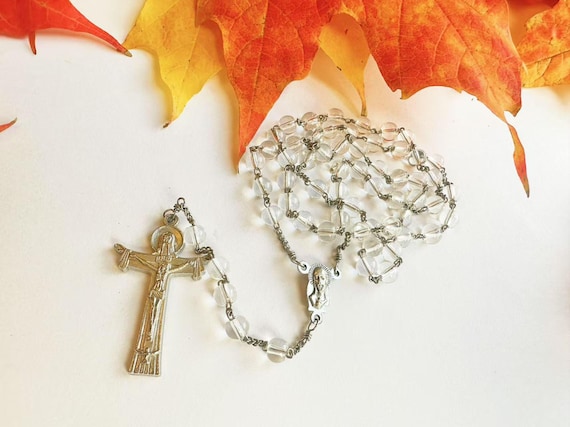Nun-Made Clear Crystal Rosary with Holy Family Center (Add Pouch – see description)
