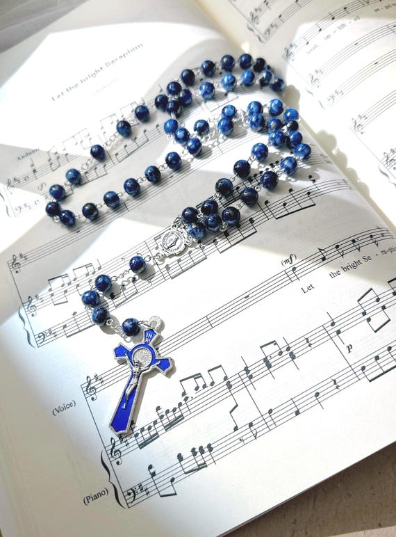 8mm Deep Blue Lapis-Look Rosary Necklace with Marian Medal and Crucifix, Catholic Christmas Gift (Add Pouch – see description)