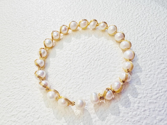 Wave -shape Freshwater Pearl Bracelet Bangle,  Minimalist Stacking Jewelry