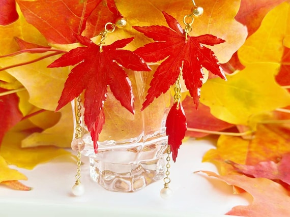 Real Maple Leaf Earrings with Freshwater Pearl & Strawberry Crystal Tassel, Handmade Nature Jewelry, Christmas Gift from Canada