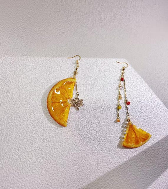 Orange Slice Earrings, Real Dried Fruit Jewelry, Quirky Asymmetric Statement Earrings for Her