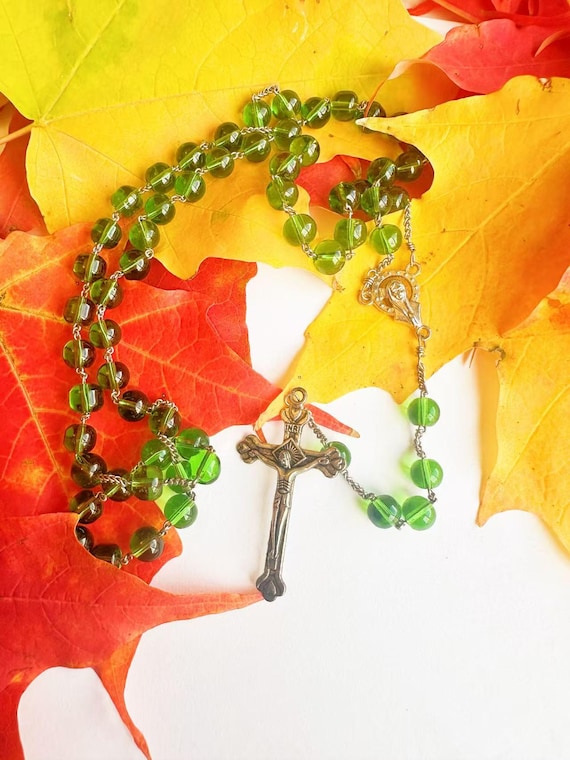 Franciscan Sisters Nun-Made Green Glass Rosary,  Catholic Gift (Add Pouch – see description)