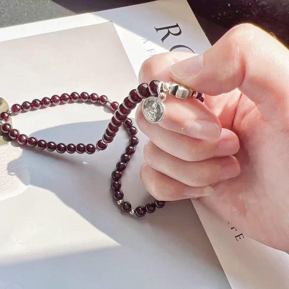 Natural Garnet Rosary Bracelet with Sterling Silver Cross, Christmas Catholic Gift (Add Pouch – see description)