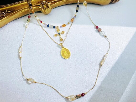 Saint Benedict Medal Necklace Natural Multi Gemstone Gold Cross Necklace Layered Long Chain Catholic Protection Jewelry Gift for Her