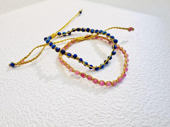 Promo： Natural Adjustable Gemstone Bracelet 3 mm Faceted Lapis Lazuli or Pink Tourmaline Minimalist Friendship Gift or Party Favor