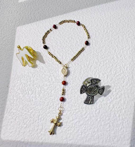 XS Mini Red Bead Rosary Pin and Car Charm, Multi-Use Rosary Brooch, Catholic Christmas Gift (Add Pouch – see description)