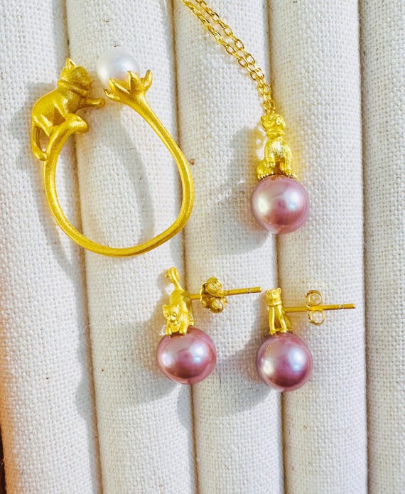 Cat and Natural Pearl Jewelry Set Gold Sterling Silver Earrings Pendant and Adjustable Ring Cute Kawaii Gift for Cat Lovers