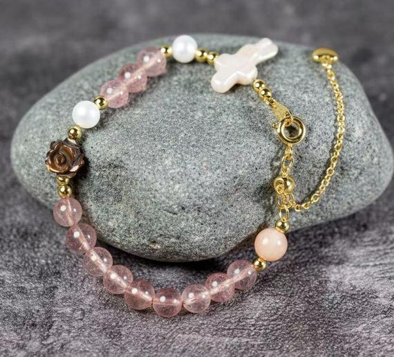 Soft Pink Gemstone Rosary Bracelet with Pearl Cross and Shell Rose, Catholic Christmas Gift (Add Pouch – see description)