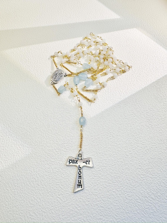 Durable Hand Knotted Rosary Prayer Beads with Lourdes Water Tau Cross Natural Burmese Lavender Jade and Aquamarine Crystal