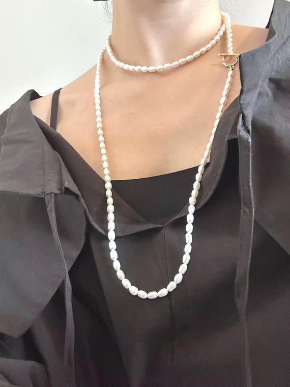 Freshwater Rice Pearl Faith Necklace 120 cm 47 in Long Strand Jewelry 14K Gold Filled with Moissanite Cross and Earrings Gift Set Options