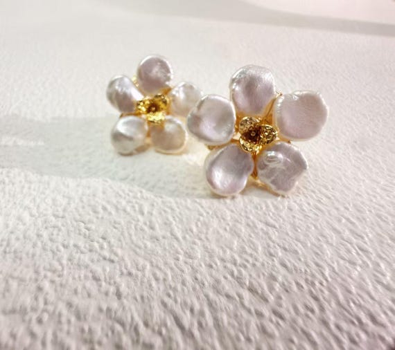 Baroque Pearl Flower Stud Earrings, 14K Thick Gold Plated with Sterling Silver Posts, Bridal Jewelry, Communion or Confirmation Jewelry