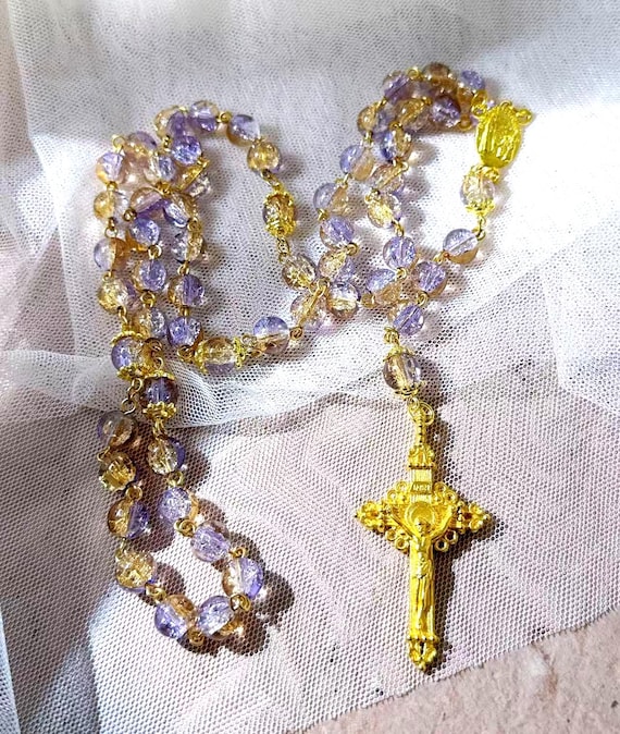 8 mm Pink-Purple Ombre Crackle Glass Rosary, Christmas Catholic Gift (Add Pouch – see description)