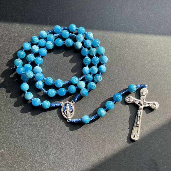 Marian Blue Gemstone Hand-Knotted Rosary, Catholic Christmas Gift (Add Pouch – see description)