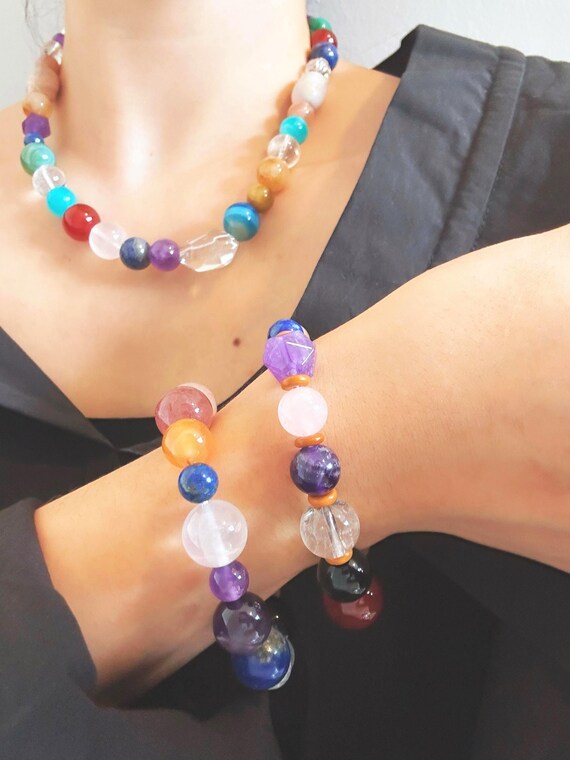 Natural Colorful Gemstone Necklace or Bracelet Real Crystal Jewelry Obsidian Beads Multicolor Christmas Gift for Her Holiday Festive Jewelry