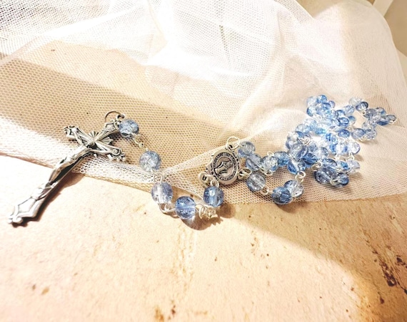 6mm Blue Crackle Glass Rosary Necklace with Marian Medal and Italian Crucifix, Christmas Catholic Gift (Add Pouch – see description)