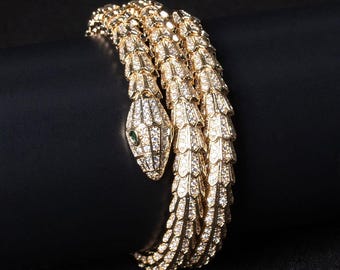 18K Gold Serpent Bangle Set with Cubic Gemstones