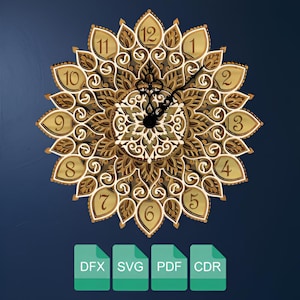 May include: A layered wooden wall clock with a floral design. The clock features a light brown and cream color scheme, with black clock hands and numbers. The clock is round and has a detailed, intricate design. The bottom of the image shows the file types: DFX, SVG, PDF, and CDR.