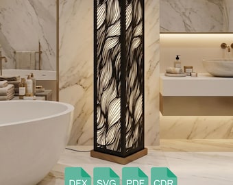 Peut inclure: Un lampadaire rectangulaire noir avec un motif décoratif en forme de vagues. La lampe a une base en bois et est éclairée de l'intérieur, créant une lueur chaleureuse. La lampe est dans une salle de bain. Le bas de l'image contient le texte : DFX, SVG, PDF, CDR.