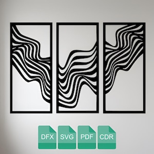 May include: Three-piece wall art set featuring black and white abstract wave designs within rectangular frames. The artwork has a modern aesthetic. The bottom of the image displays file type icons: DFX, SVG, PDF, and CDR.