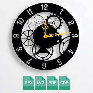Könnte beinhalten: Schwarze Wanduhr mit Steampunk-Zahnraddesign. Das Zifferblatt hat einen schwarzen kreisförmigen Rahmen mit weißen Ziffern und eine Reihe komplizierter Zahnräder. Die Zeiger der Uhr sind gelb. Darunter befinden sich vier grüne Symbole mit Dateityp-Abkürzungen.