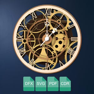 May include: A round wooden clock with a complex gear design and Roman numeral hour markers. The clock features a light wood frame and gold-colored gears, with the clock hands pointing to the time. The clock is a decorative item.